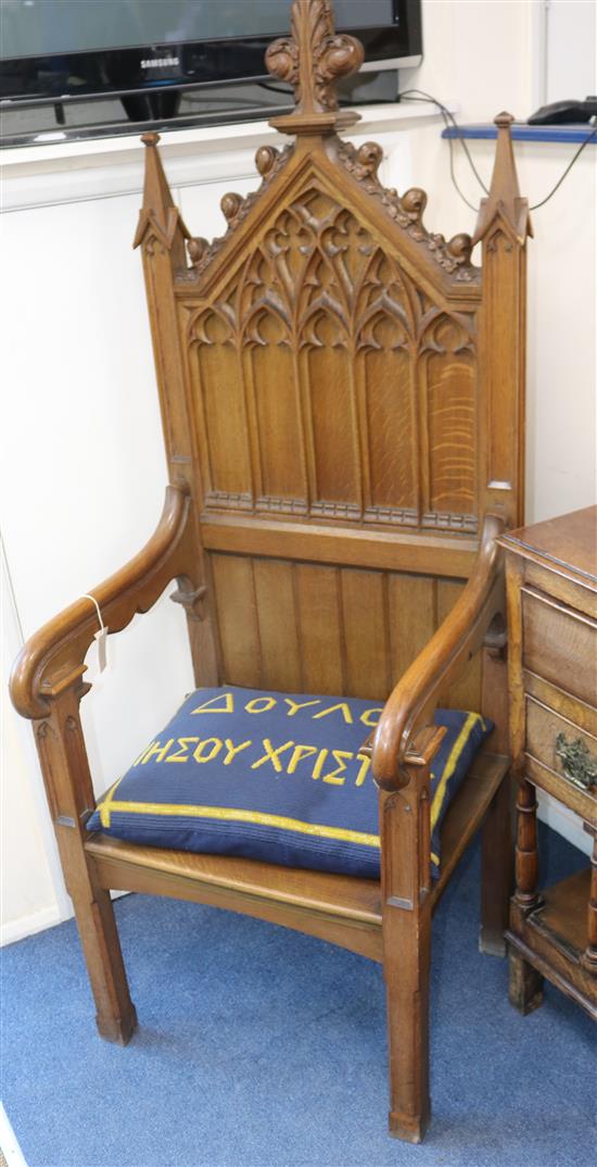 A Gothic style oak throne chair